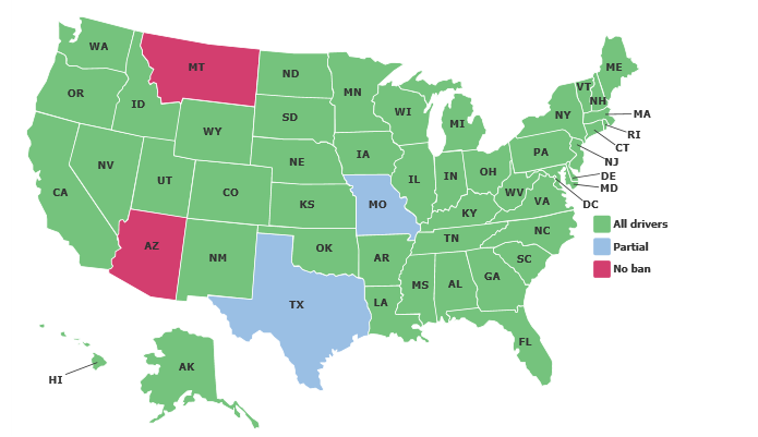 48 US States have a complete or partial ban on texting while driving